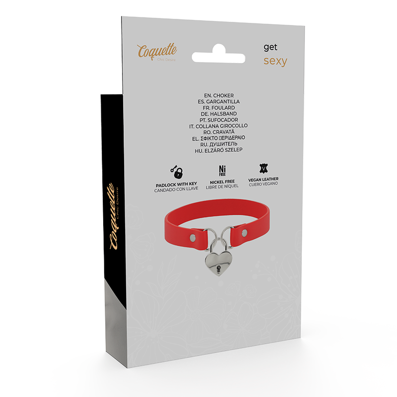 COQUETTE CHIC DESIRE - COLAR EM COURO VEGANO VERMELHO ACESSÓRIO CORAÇÃO COM CHAVE