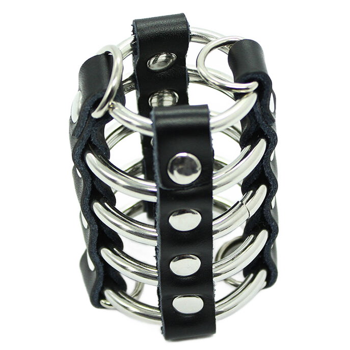 OHMAMA FETISH - JAULA PARA PÉNIS COM ANÉIS METÁLICOS E CORREIAS DE PELE