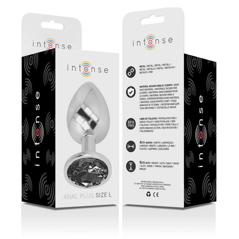INTENSE - PLUG ANAL EM METAL ALUMÍNIO COM CRISTAL PRETO TAM. L