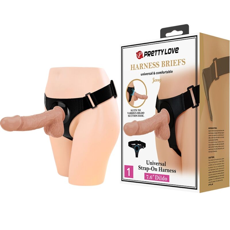 PRETTY LOVE - HARNESS BRIEFS ARNÊS UNIVERSAL COM DILDO JERRY 21.8 CM NATURAL