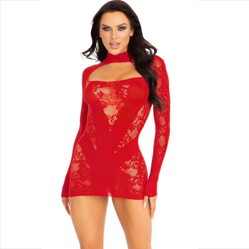 LEG AVENUE - MINI VESTIDO COM RENDA E MANGA COMPRIDA VERMELHO