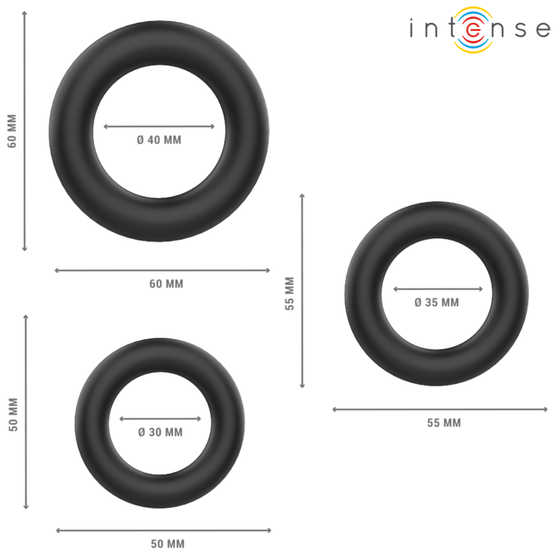 INTENSE - HUGH CONJUNTO 3 ANÉIS BÁSICOS EM SILICONE PARA PÉNIS PRETO