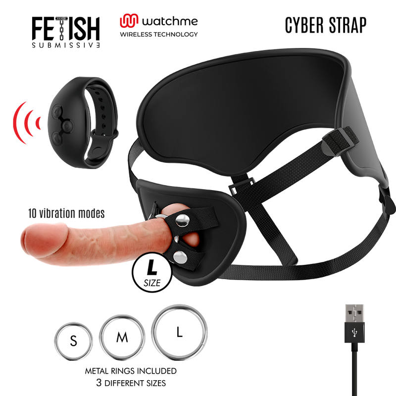 FETISH SUBMISSIVE CYBER STRAP - ARNÉS CON TECNOLOGÍA DILDO WATCHME L DE CONTROL REMOTO