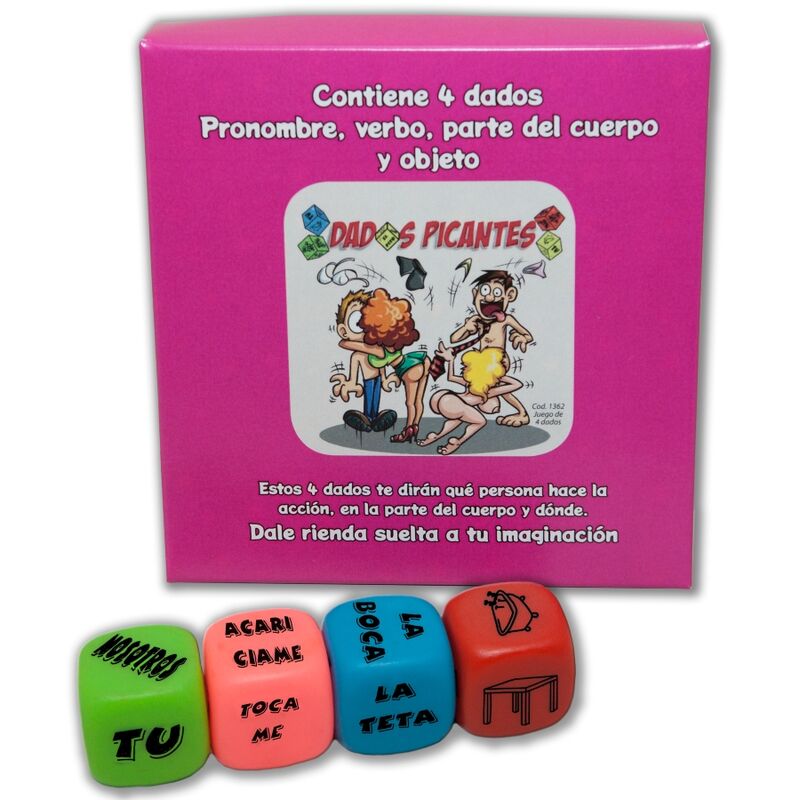 DIABLO PICANTE - JUEGO DE 4 DADOS DE PRONOMBRES, VERBOS, PARTES DEL CUERPO Y LUGAR