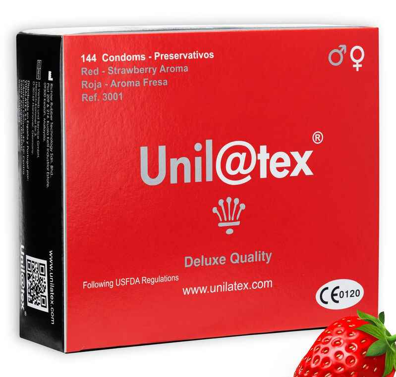 UNILATEX - PRESERVATIVOS VERMELHOS/SABOR MORANGO 144 UNIDADES