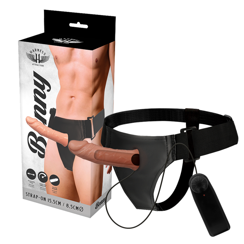 ARNÉS ATRACCIÓN - RNES HOLLOW BENNY CON VIBRADOR 15 CM -O- 4.5 CM