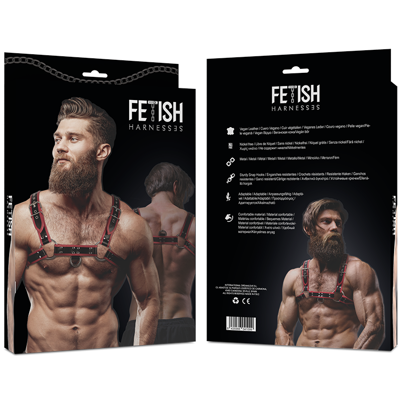 Actitud Sumisa Fetiche - Arnês de Peitoral de Couro Ecológico Masculino Preto Vermelho