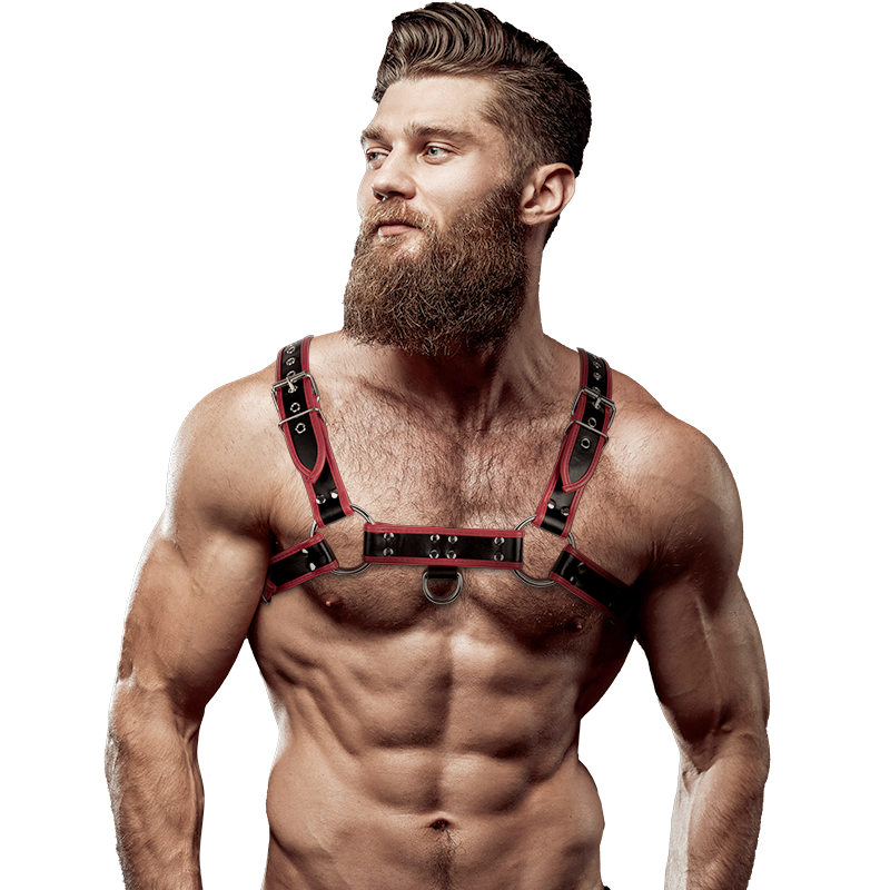 Actitud Sumisa Fetiche - Arnês de Peitoral de Couro Ecológico Masculino Preto Vermelho