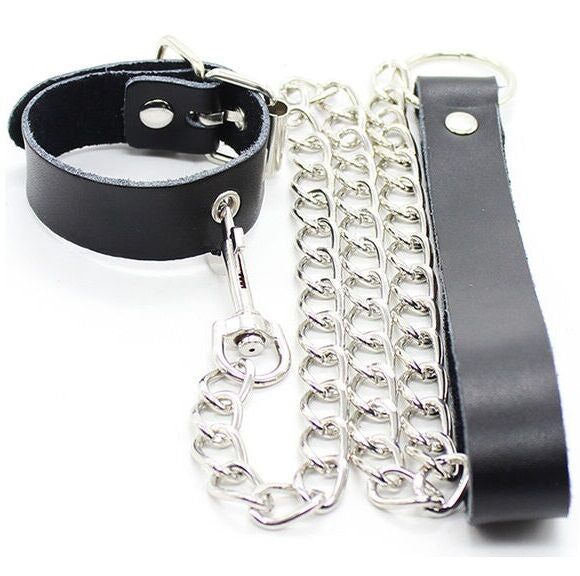 OHMAMA FETISH - COLLAR PARA PÊNIS E ALÇA DE COURO COM CORRENTE DE METAL