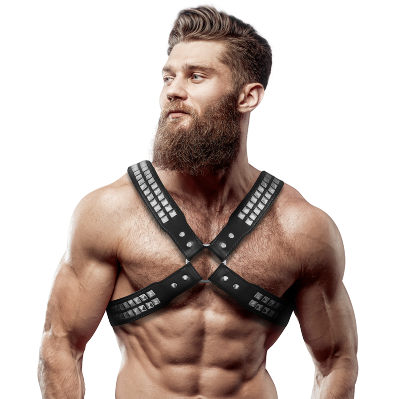 ACTITUD SUMISA FETISH - ARNÊS DE COURO ECOLÓGICO COM PEITO CRUZADO E REBITES PARA HOMENS