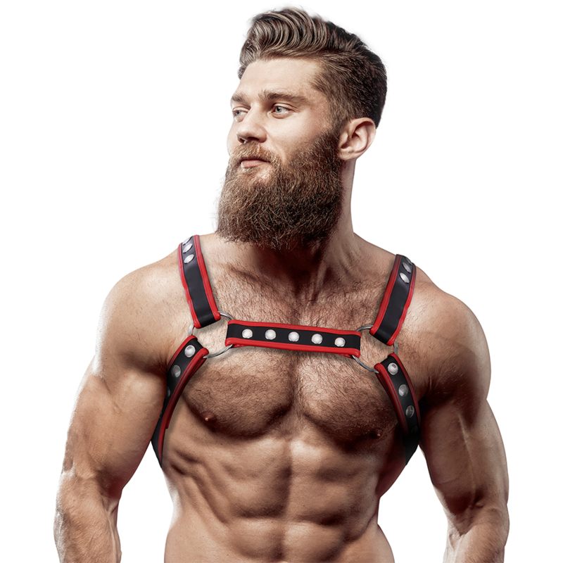 FETISH ACTITUD SUMISA - PEITORAL DE COURO ECOLÓGICO MASCULINO BULLDOG ARNÊS PRETO/VERMELHO