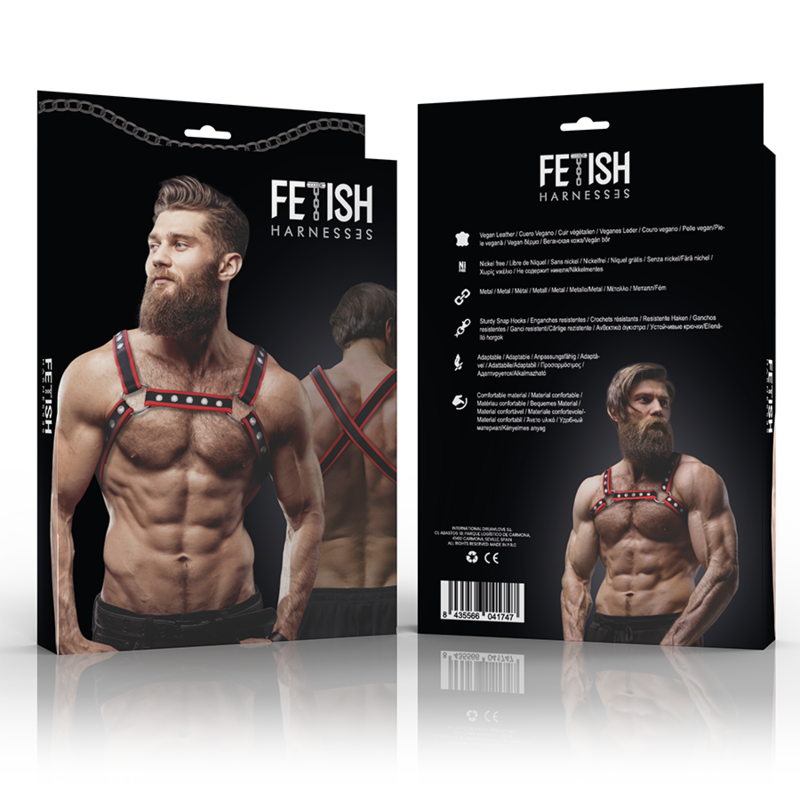 FETISH ACTITUD SUMISA - PEITORAL DE COURO ECOLÓGICO MASCULINO BULLDOG ARNÊS PRETO/VERMELHO