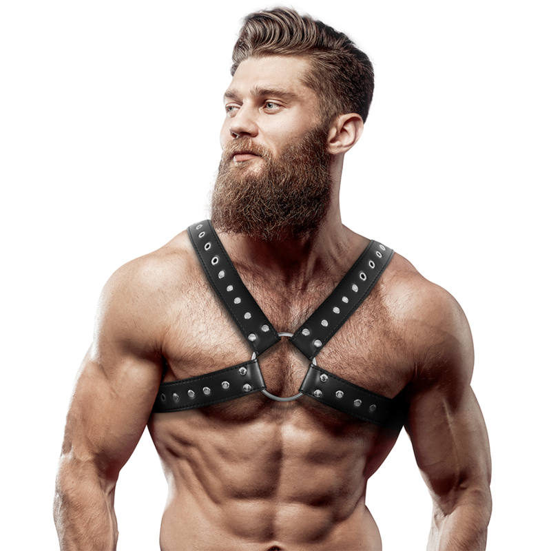 FETISH ACTITUD SUMISA - ARNÊS DE PEITORAL DE COURO ECOLÓGICO CRUZADO PARA HOMENS COM TACHAS