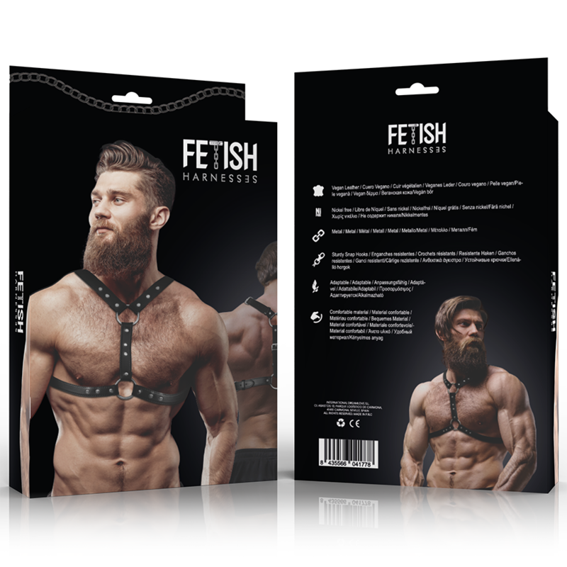 FETISH SUBMISSIVE ATTITUDE – ARNÊS DE PEITO COM DUPLA FIXAÇÃO E TACHAS EM ECOPIEL HOMEM