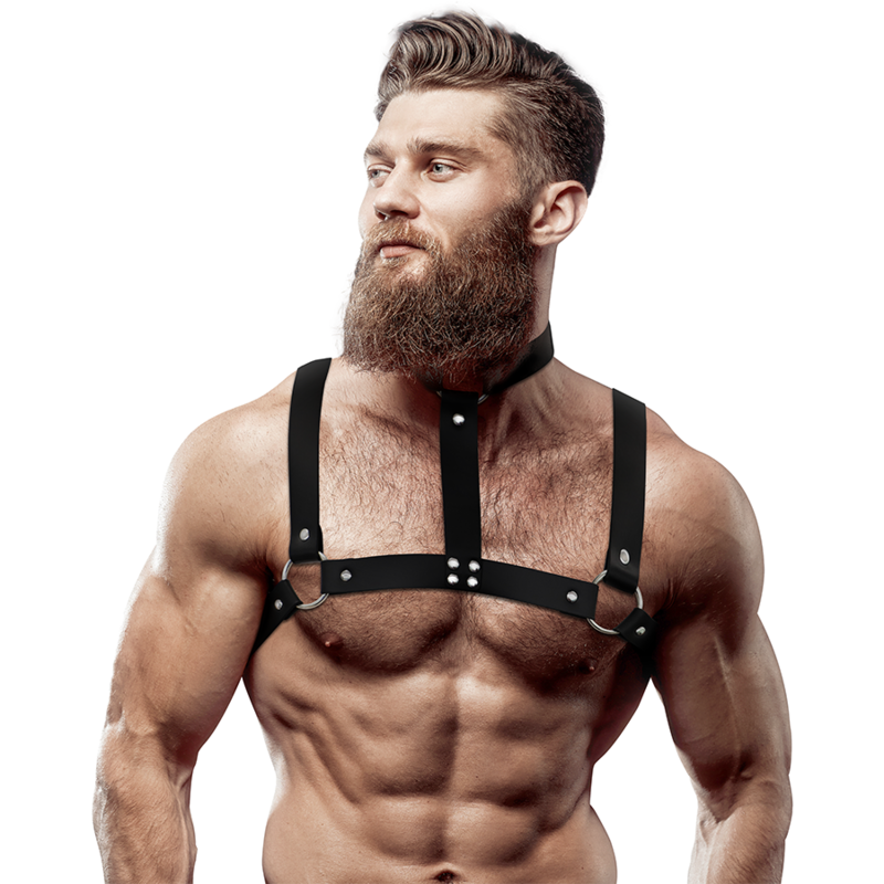 FETISH ACTITUD SUMISA - ARNÊS DE PEITO AJUSTVEL DE COURO ECOLÓGICO COM COLAR PARA HOMENS