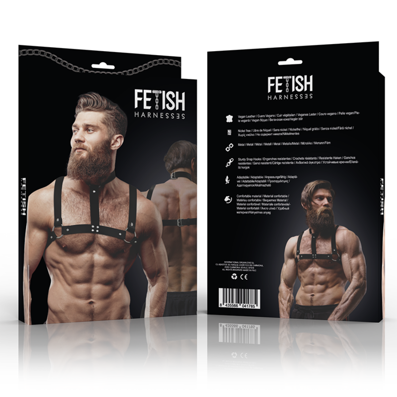 FETISH ACTITUD SUMISA - ARNÊS DE PEITO AJUSTVEL DE COURO ECOLÓGICO COM COLAR PARA HOMENS