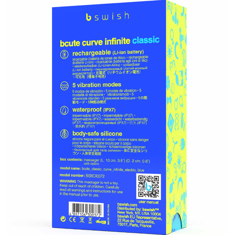 B SWISH - BCUTE CURVE INFINITE CLSSICO RECARREGVEL VIBRADOR AZUL SILICONA