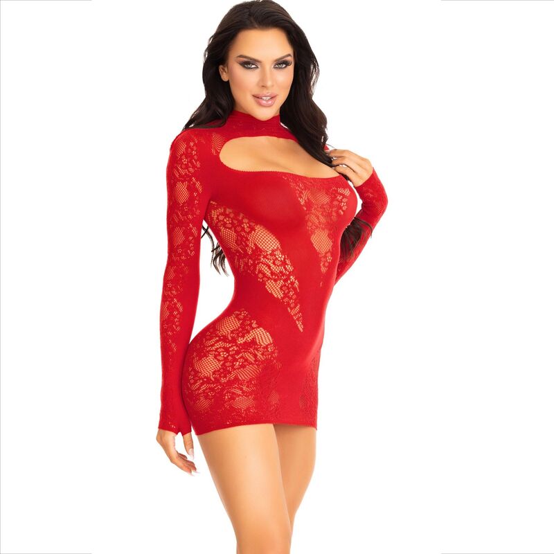LEG AVENUE - MINI VESTIDO COM RENDA E MANGA COMPRIDA VERMELHO
