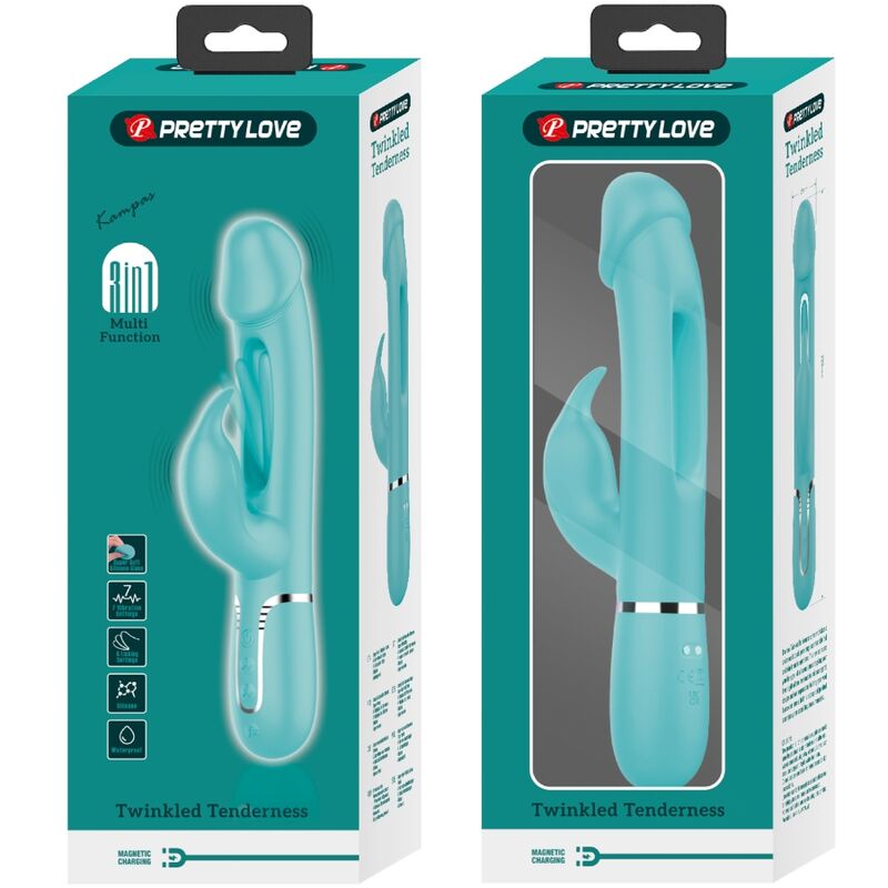 PRETTY LOVE - KAMPAS VIBRADOR RABBIT 3 EM 1 MULTIFUNÇÕES COM LÍNGUA VERDE ÁGUA