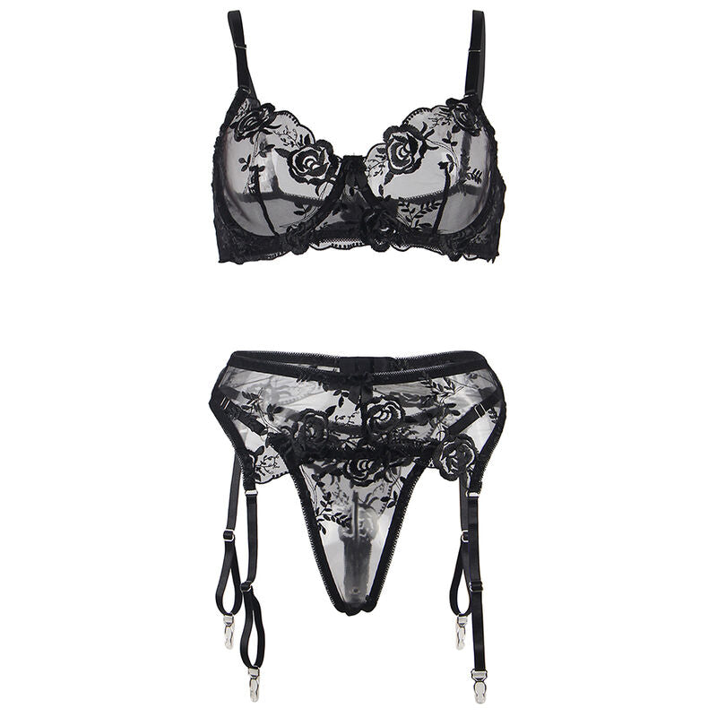 SUBBLIME - CONJUNTO 3 PEÇAS SUTIÃ + TANGA + LIGA ESTAMPADO FLORAL PRETO S/M