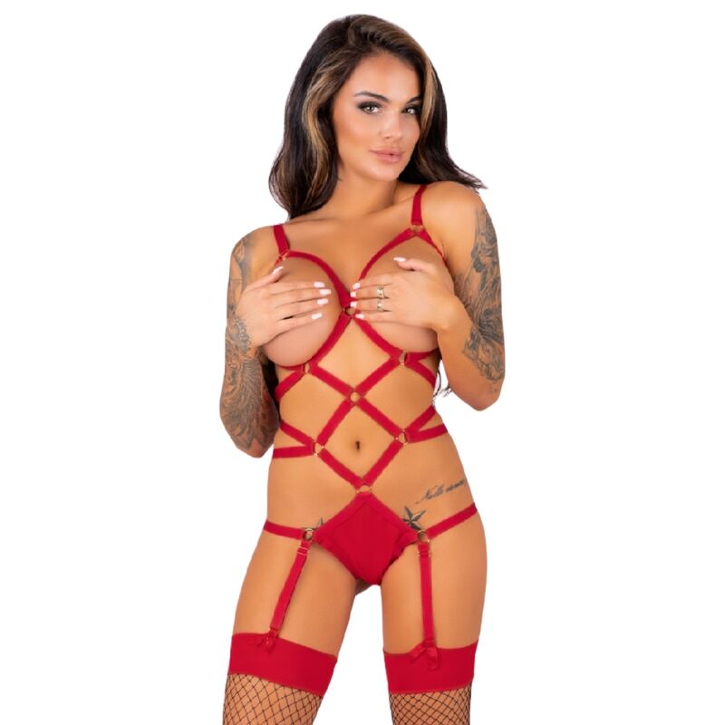 Livco Corsetti Fashion - Thiara LC 20213 Conjunto Body + Meias Vermelhas S/M