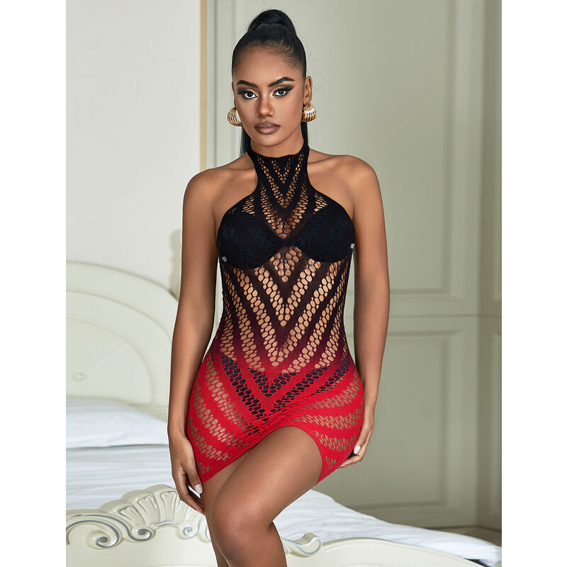 SUBBLIME - 952242 VESTIDO EM REDE ELÁSTICA DEGRADÉ VERMELHO E PRETO TAMANHO ÚNICO