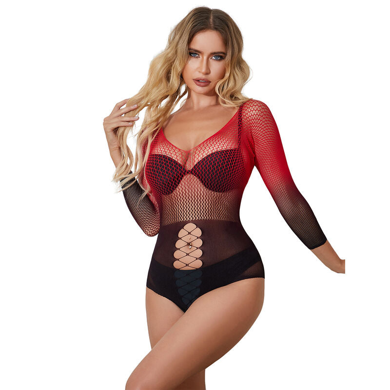 SUBBLIME - 952259 VESTIDO EM REDE ELÁSTICA MANGA COMPRIDA DEGRADÉ VERMELHO E PRETO TAMANHO ÚNICO
