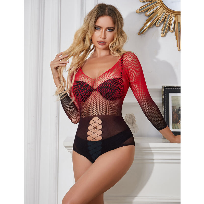 SUBBLIME - 952259 VESTIDO EM REDE ELÁSTICA MANGA COMPRIDA DEGRADÉ VERMELHO E PRETO TAMANHO ÚNICO