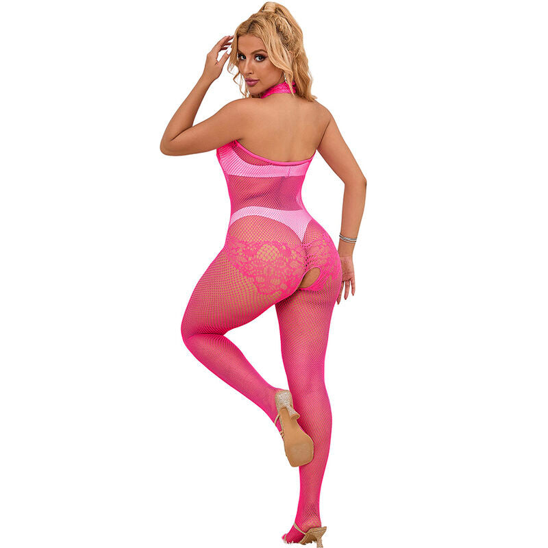 SUBBLIME - 952389 BODYSTOCKING ABERTO ENTREPERNAS EM REDE E RENDA COM GOLA ALTA ROSA TAMANHO ÚNICO