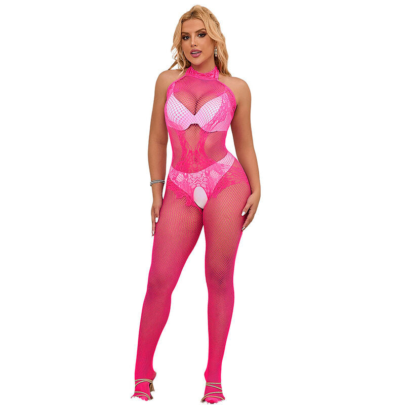 SUBBLIME - 952389 BODYSTOCKING ABERTO ENTREPERNAS EM REDE E RENDA COM GOLA ALTA ROSA TAMANHO ÚNICO