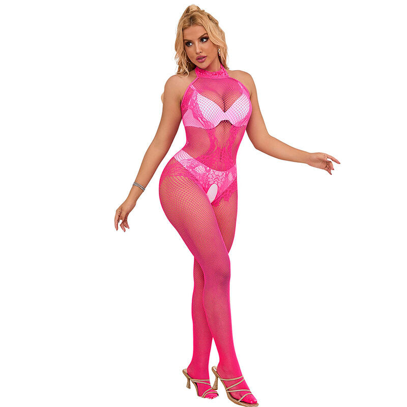 SUBBLIME - 952389 BODYSTOCKING ABERTO ENTREPERNAS EM REDE E RENDA COM GOLA ALTA ROSA TAMANHO ÚNICO