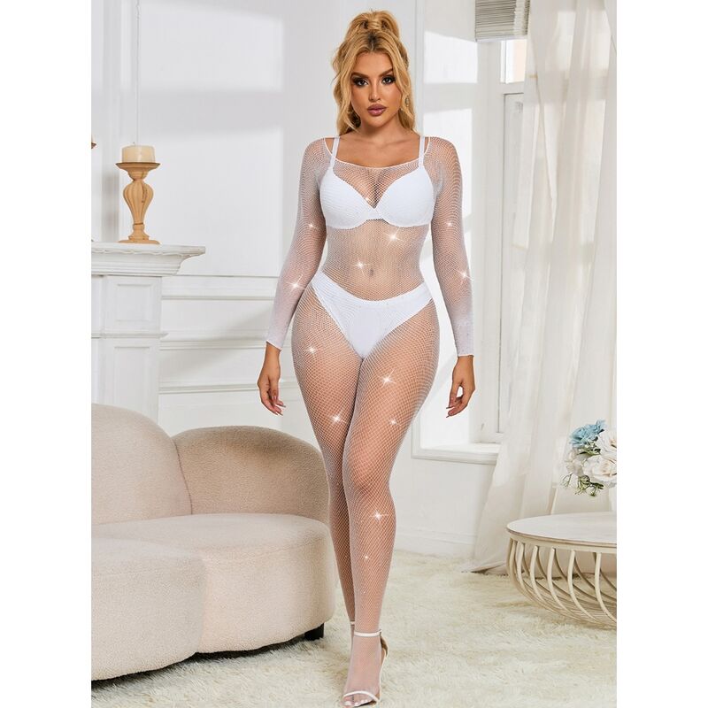 SUBBLIME - 952396 BODYSTOCKING EM REDE COM BRILHOS MANGA COMPRIDA BRANCO TAMANHO ÚNICO