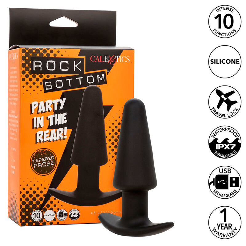 CALEXOTICS - ROCK BOTTOM PLUG ANAL CÔNICO 10 VIBRAÇÕES SILICONA PRETO
