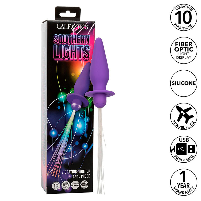 CALEXOTICS - PLUG ANAL ILUMINADO AURORAS DEL SUR 10 VIBRAÇÕES SILICONA ROXO