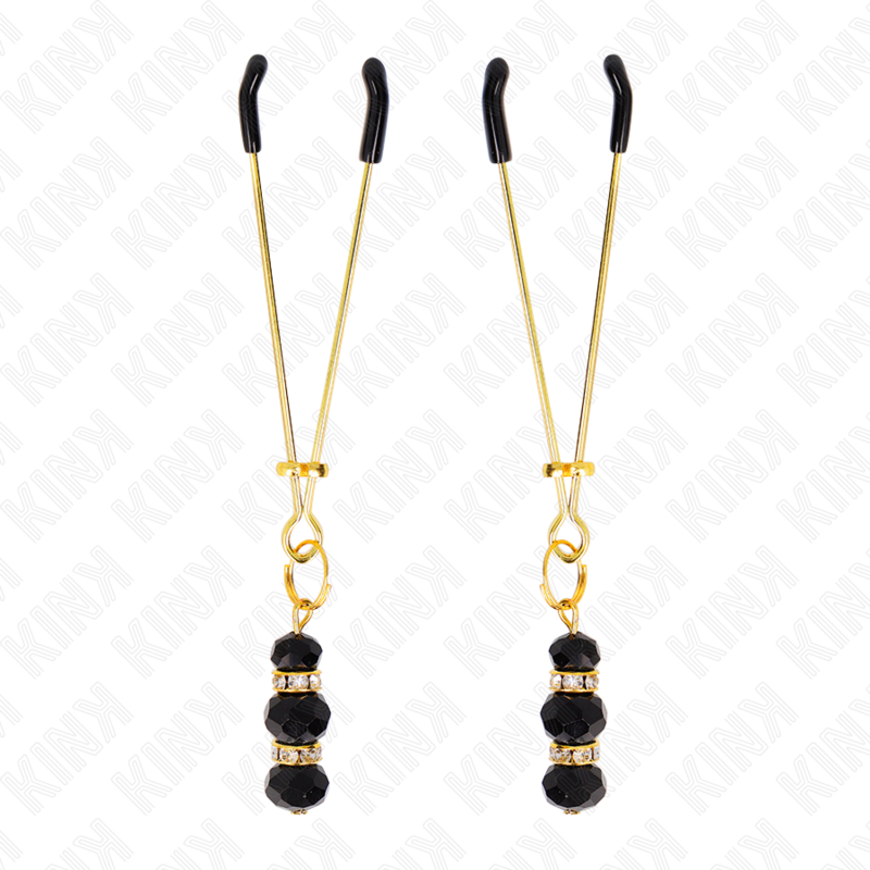 KINK - PINÇAS DOURADAS FINAS PARA MAMILOS COM TRIPLA BOLA DE VIDRO PRETA 7 CM