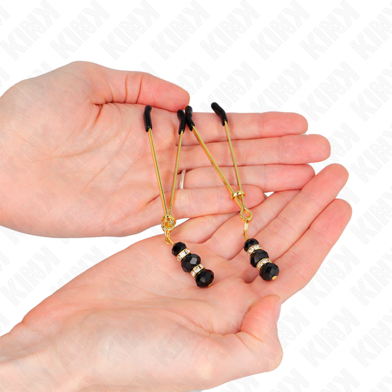 KINK - PINÇAS DOURADAS FINAS PARA MAMILOS COM TRIPLA BOLA DE VIDRO PRETA 7 CM