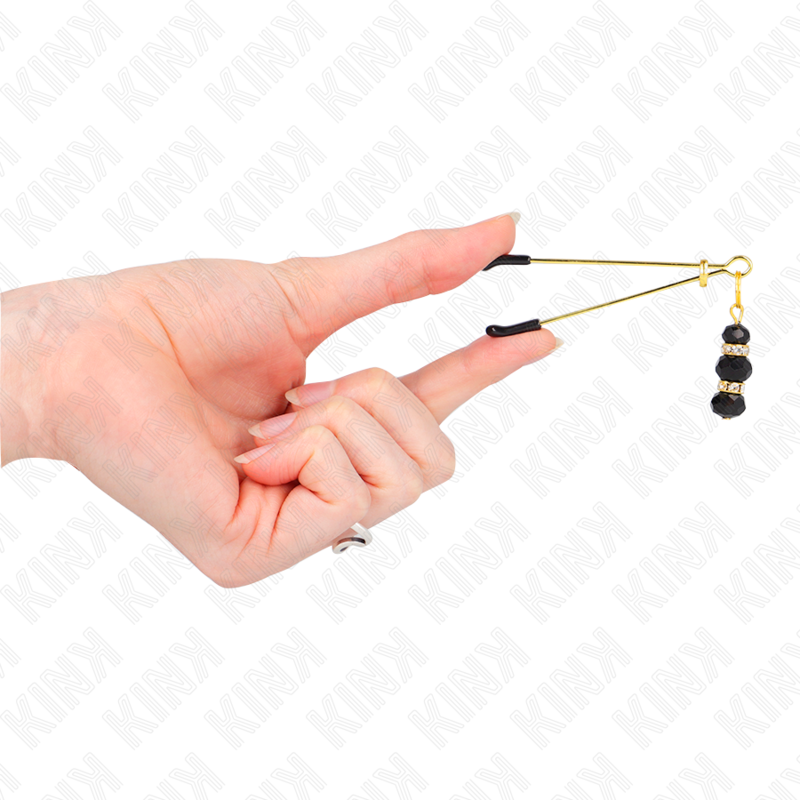 KINK - PINÇAS DOURADAS FINAS PARA MAMILOS COM TRIPLA BOLA DE VIDRO PRETA 7 CM