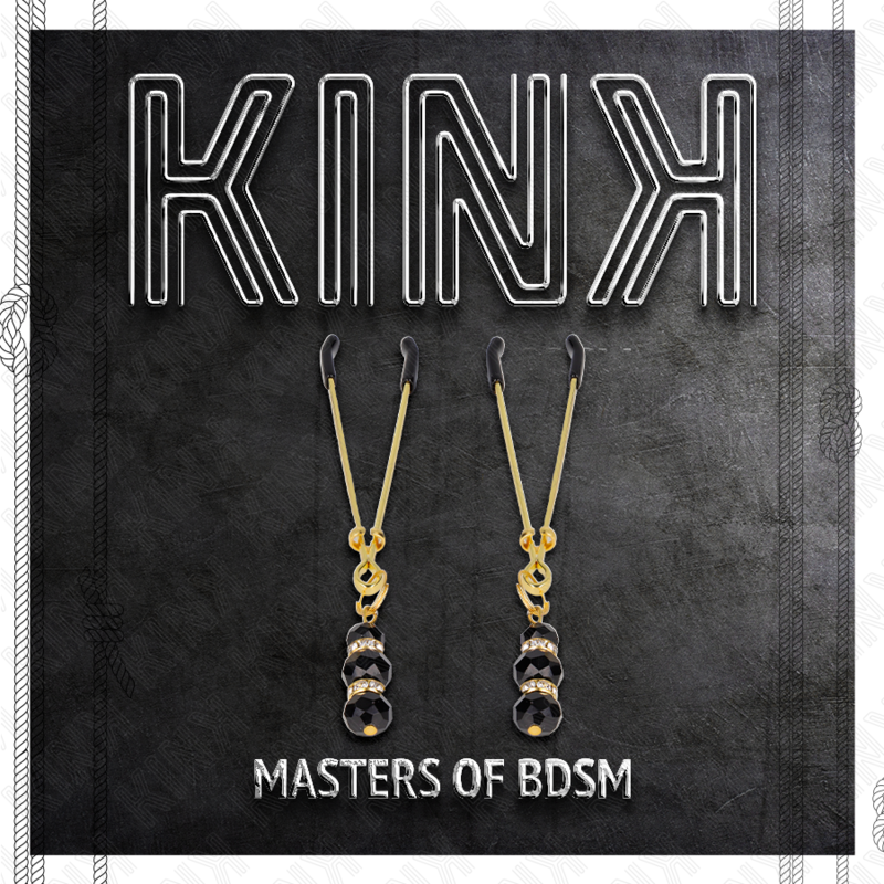 KINK - PINÇAS DOURADAS FINAS PARA MAMILOS COM TRIPLA BOLA DE VIDRO PRETA 7 CM