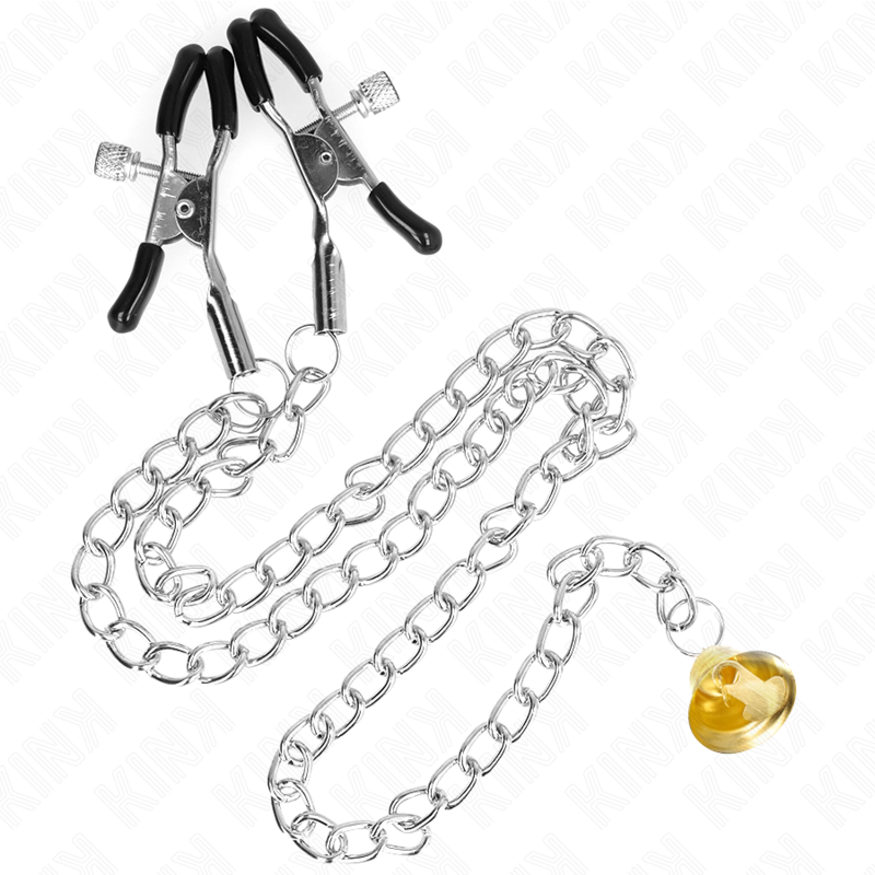 KINK - PINÇAS PARA MAMILOS COM SINO E CASCAVEL DOURADO E CORRENTE 30 CM