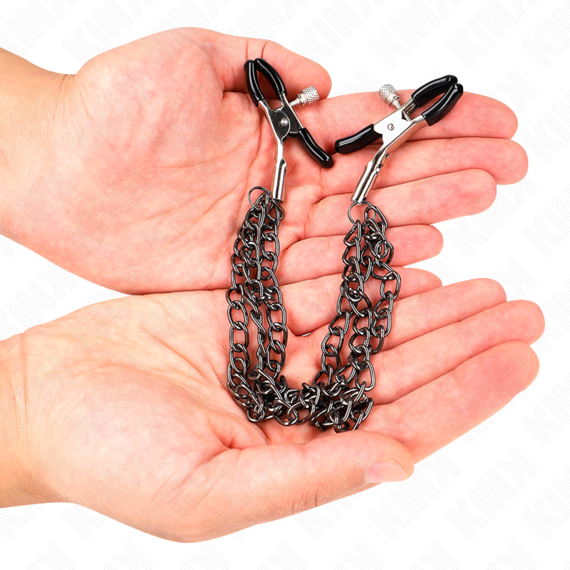 KINK - PINÇAS PARA MAMILOS COM TRIPLA CORRENTE PRETA 20/23/28 CM