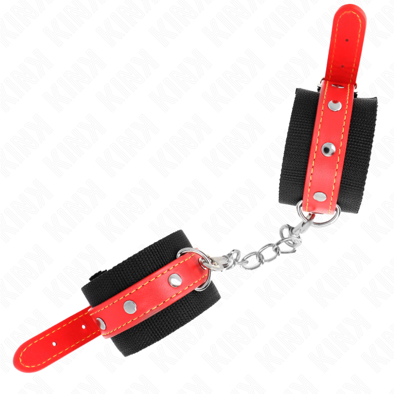 KINK - PUNKOS DE NYLON PRETO COM COURO VERMELHO AJUSTÁVEIS 19-24 CM X 5,5 CM