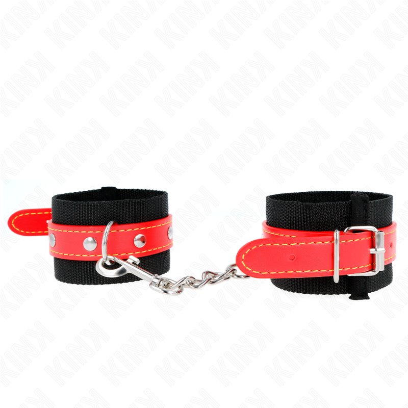 KINK - PUNKOS DE NYLON PRETO COM COURO VERMELHO AJUSTÁVEIS 19-24 CM X 5,5 CM