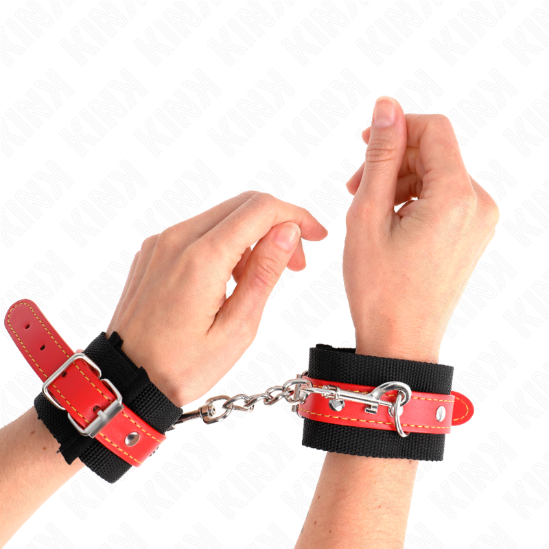 KINK - PUNKOS DE NYLON PRETO COM COURO VERMELHO AJUSTÁVEIS 19-24 CM X 5,5 CM