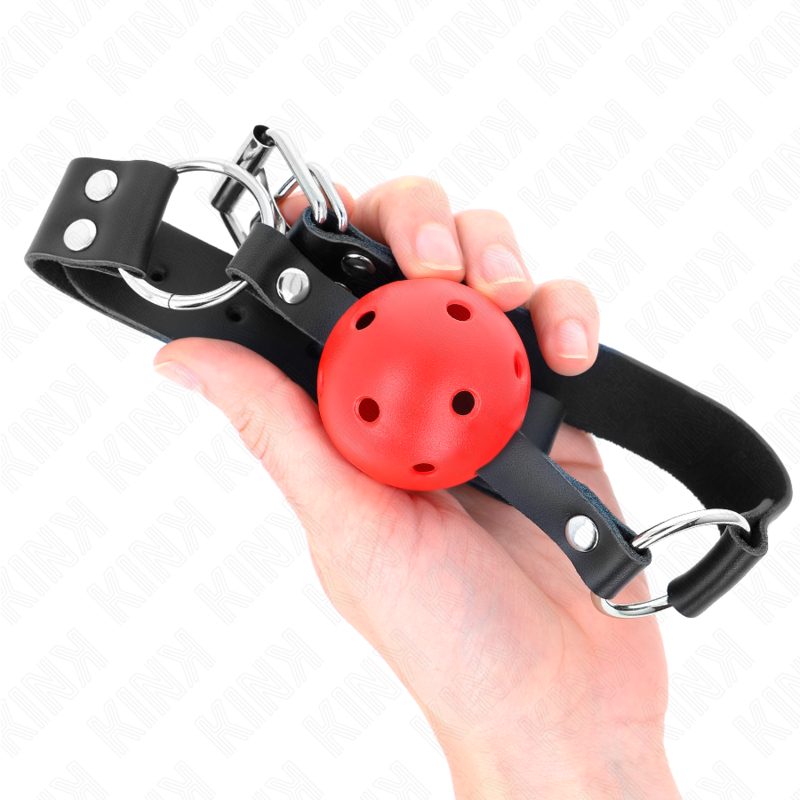 Kink Bola Respiravel 4 Cm Mordaça Com Rebite Duplo Vermelho 62,5 X 2,5 Cm Ajustável 42-58 Cm