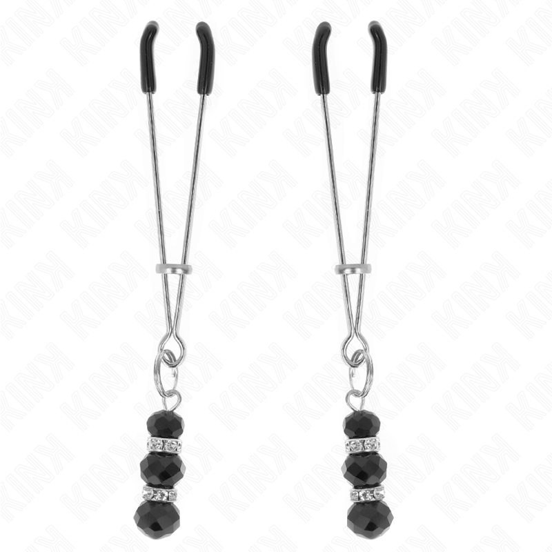 KINK - PINÇAS PRATEADAS FINAS PARA MAMILOS COM TRIPLA BOLA DE VIDRO PRETA 7 CM