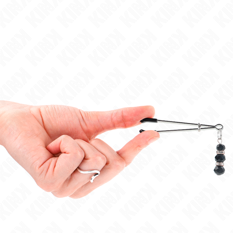 KINK - PINÇAS PRATEADAS FINAS PARA MAMILOS COM TRIPLA BOLA DE VIDRO PRETA 7 CM