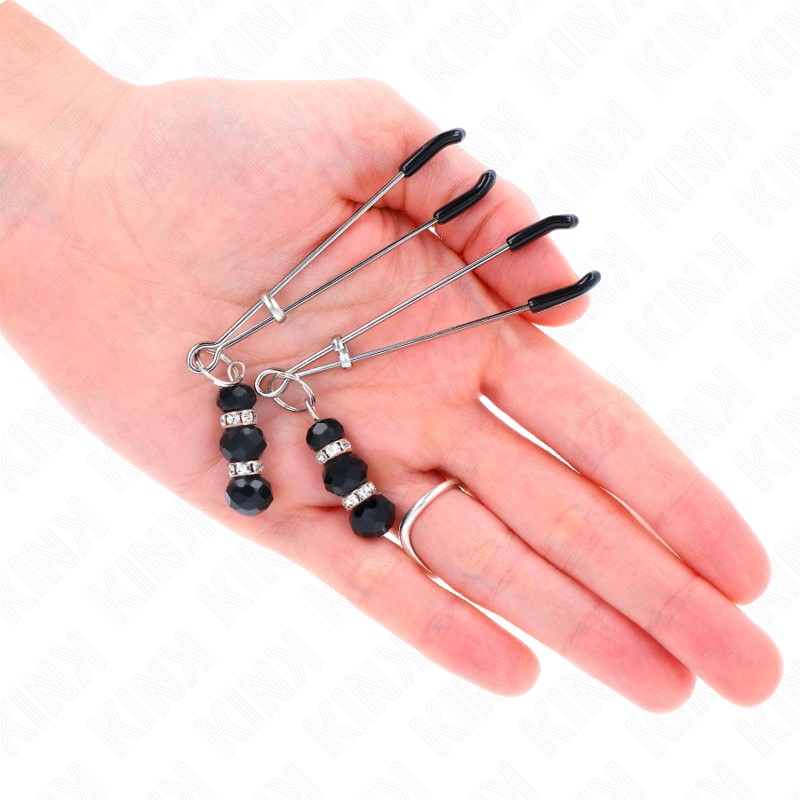 KINK - PINÇAS PRATEADAS FINAS PARA MAMILOS COM TRIPLA BOLA DE VIDRO PRETA 7 CM