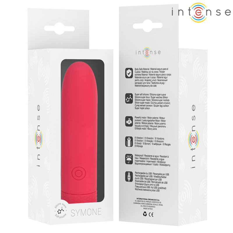 INTENSO - SYMONE USB RECARREGÁVEL VIBRATÓRIA BULLET 8 VIBRAÇÕES VERMELHO 10 X 2,2 CM