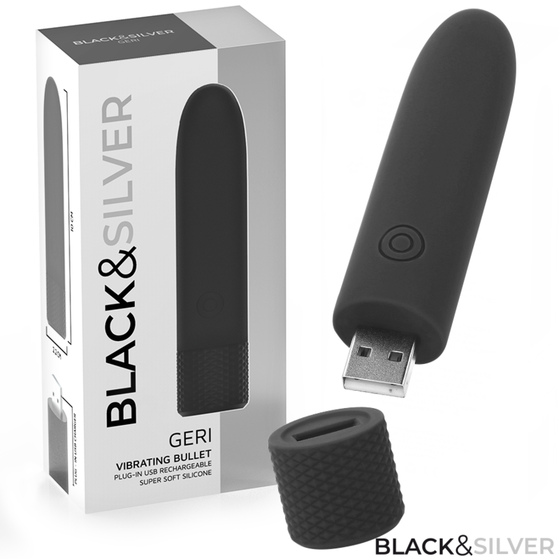 NEGRO Y PLATA - GERI USB RECARREGÁVEL VIBRATÓRIA BULLET 8 VIBRAÇÕES PRETO 10 X 2,2 CM
