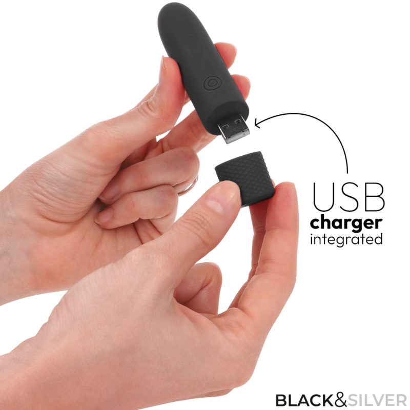 NEGRO Y PLATA - GERI USB RECARREGÁVEL VIBRATÓRIA BULLET 8 VIBRAÇÕES PRETO 10 X 2,2 CM